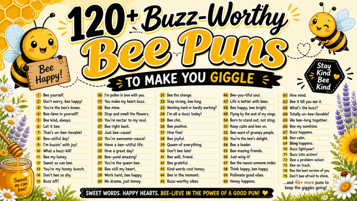 Buzz-worthy bee puns image with cheerful bees, honeycomb style, and playful smile theme
