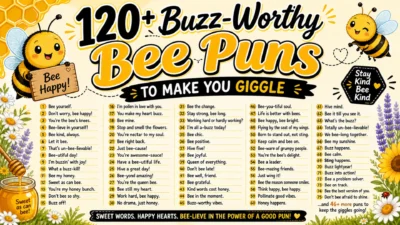 Buzz-worthy bee puns image with cheerful bees, honeycomb style, and playful smile theme
