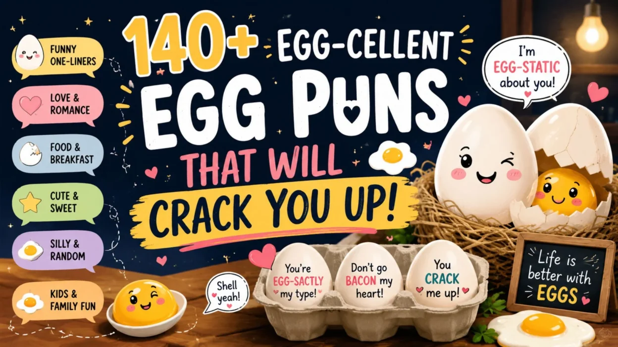 140+ egg puns graphic with funny eggs, playful breakfast humor, and egg-cellent jokes that will crack you up.