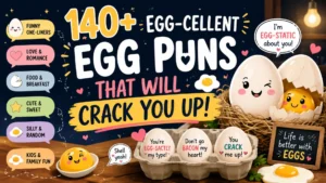 140+ egg puns graphic with funny eggs, playful breakfast humor, and egg-cellent jokes that will crack you up.