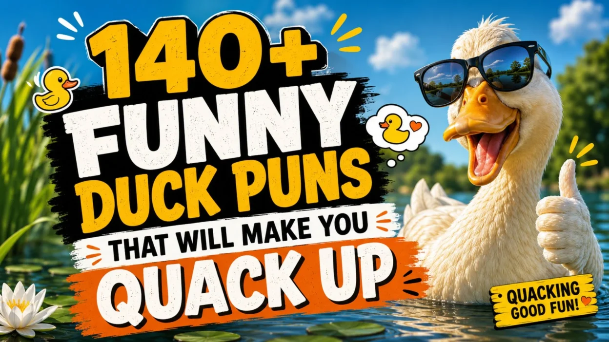Funny duck puns poster with a smiling duck in sunglasses by the pond and bold playful text