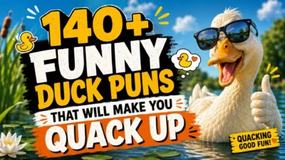 Funny duck puns poster with a smiling duck in sunglasses by the pond and bold playful text