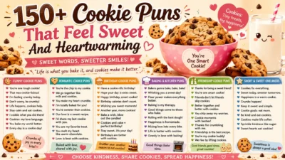 Cute cookie puns infographic with chocolate chip cookies, sweet quotes, funny baking jokes, and cozy dessert humor