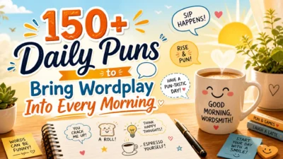150+ daily puns morning banner with smiling coffee mug, sunrise, notebook doodles, and cheerful wordplay theme