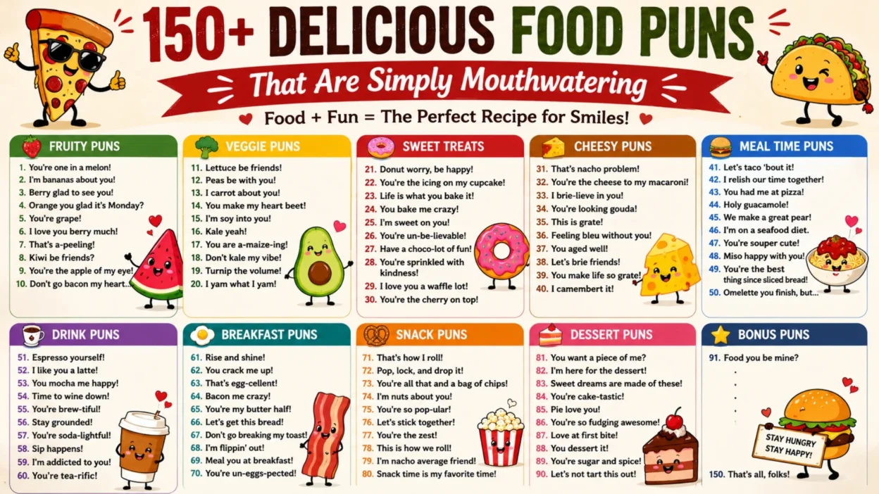Funny food puns infographic with cute pizza, taco, donut, and burger characters and hilarious foodie jokes.