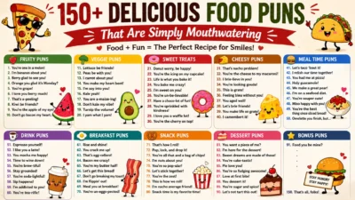 Funny food puns infographic with cute pizza, taco, donut, and burger characters and hilarious foodie jokes.