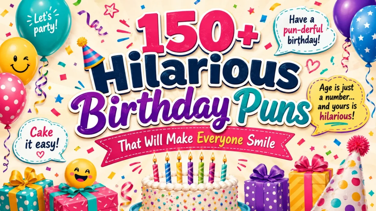 150+ hilarious birthday puns image with balloons, cake, gifts, and colorful party decorations