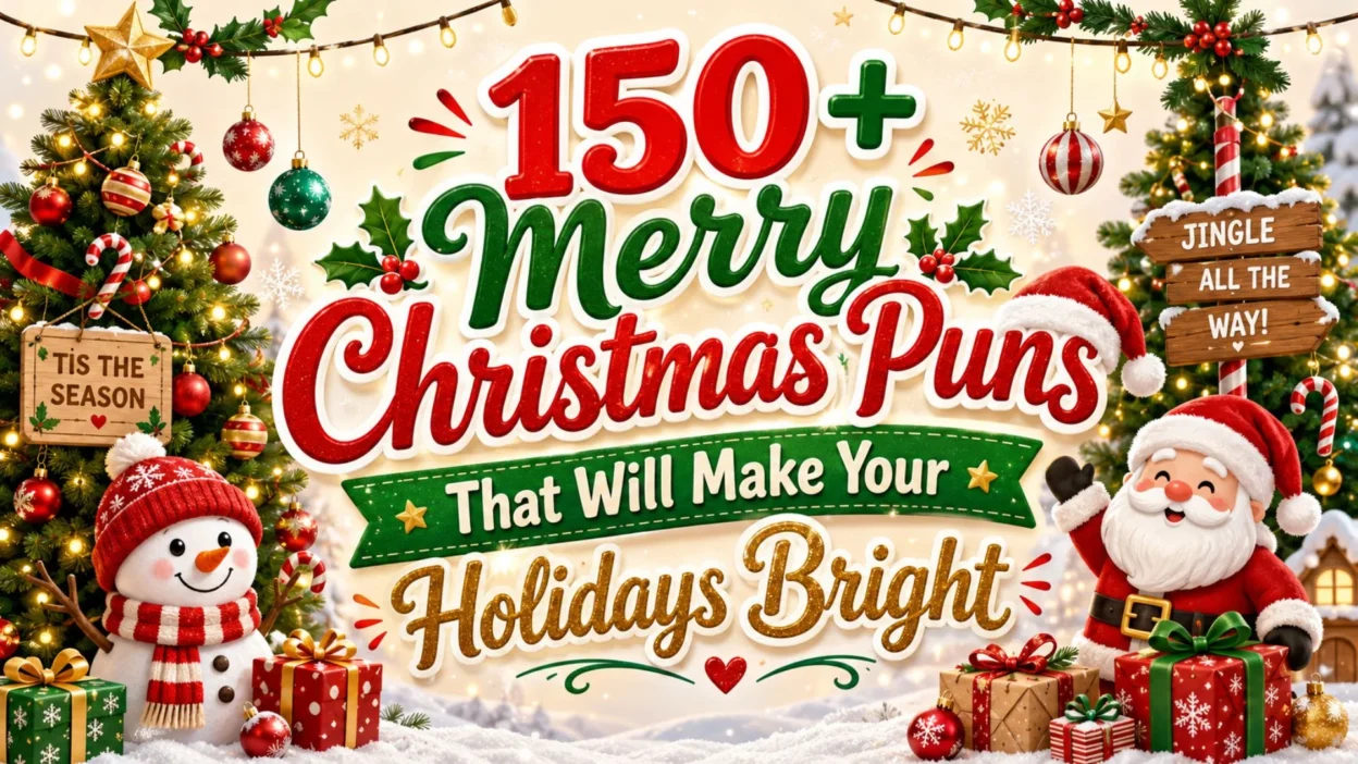 Festive Christmas puns poster with Santa, snowman, gifts, Christmas trees, and bright holiday text.