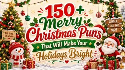 Festive Christmas puns poster with Santa, snowman, gifts, Christmas trees, and bright holiday text.