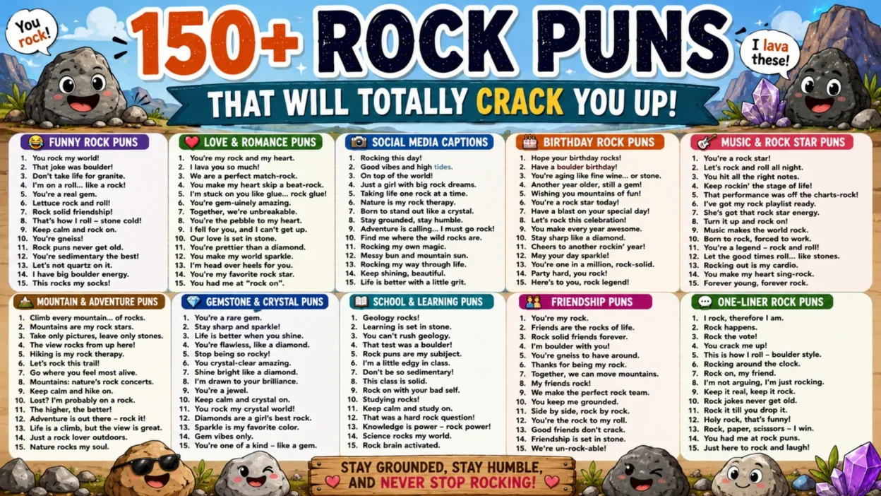Funny rock puns infographic with cute cartoon rocks, geology jokes, and colorful crystal-themed humor