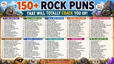 Funny rock puns infographic with cute cartoon rocks, geology jokes, and colorful crystal-themed humor