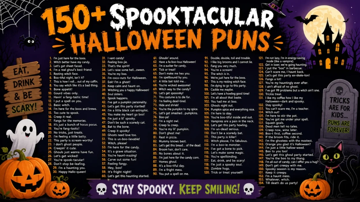 150+ Spooktacular Halloween puns poster with ghosts, pumpkins, bats, haunted house, and spooky party jokes