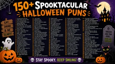 150+ Spooktacular Halloween puns poster with ghosts, pumpkins, bats, haunted house, and spooky party jokes