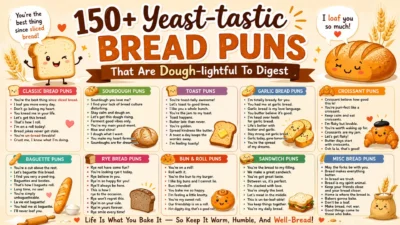 Cute bread puns infographic with funny toast, croissant, sourdough, and bakery jokes in colorful cartoon style