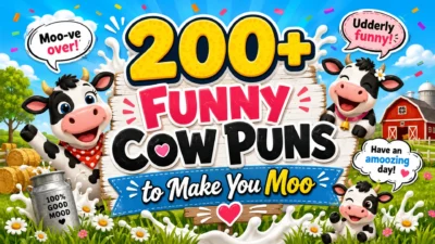 200+ funny cow puns poster with cute cartoon cows, barn, daisies, milk splashes, and playful farm humor