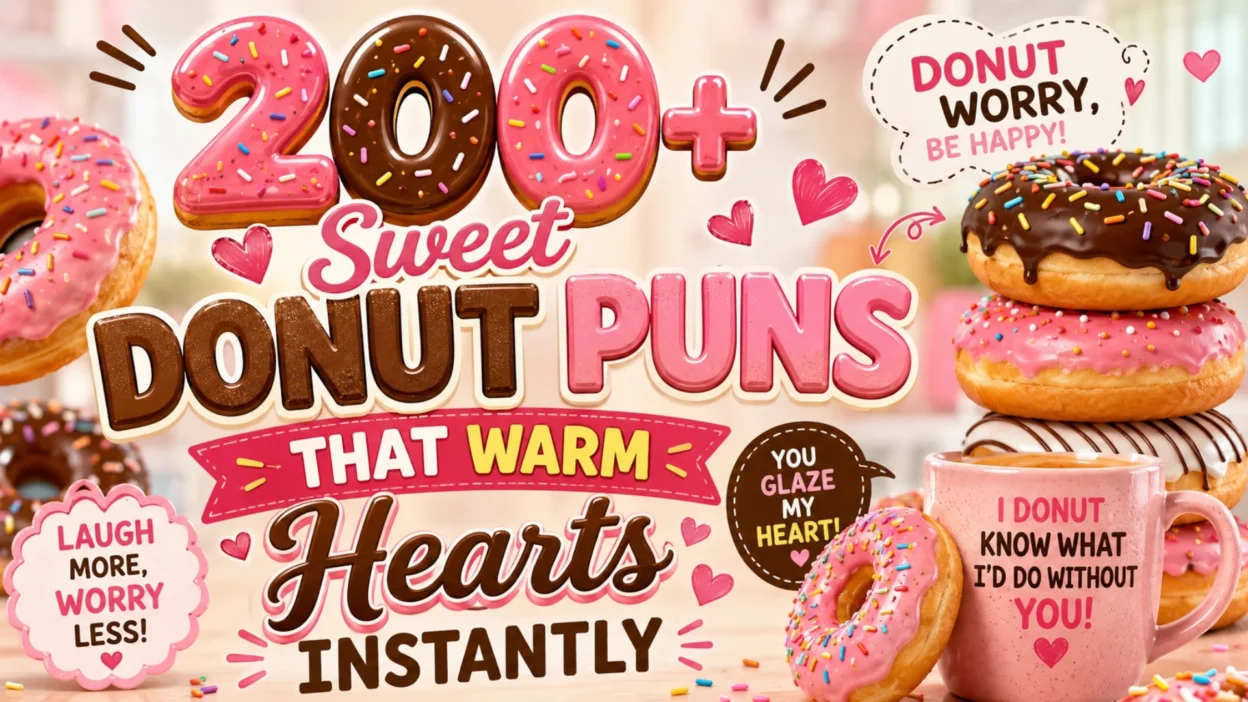 Colorful donut puns poster with pink frosted donuts, coffee mug quotes, sprinkles, and sweet heartwarming messages