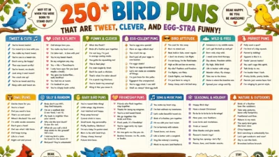 Colorful bird puns infographic with cartoon birds, funny tweet jokes, owl humor, and cute feather-themed captions