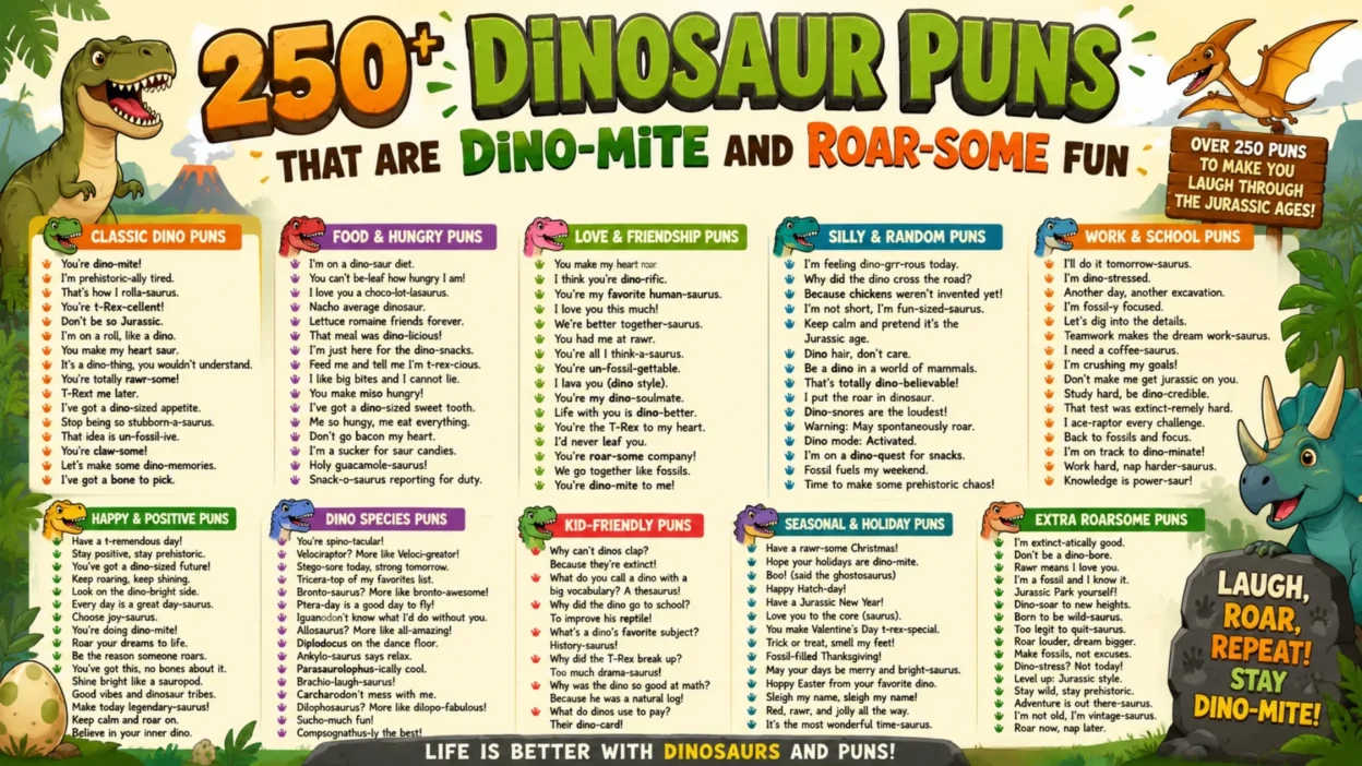 Colorful dinosaur puns poster with funny Jurassic jokes, cartoon dinosaurs, and playful prehistoric humor