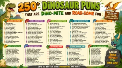 Colorful dinosaur puns poster with funny Jurassic jokes, cartoon dinosaurs, and playful prehistoric humor