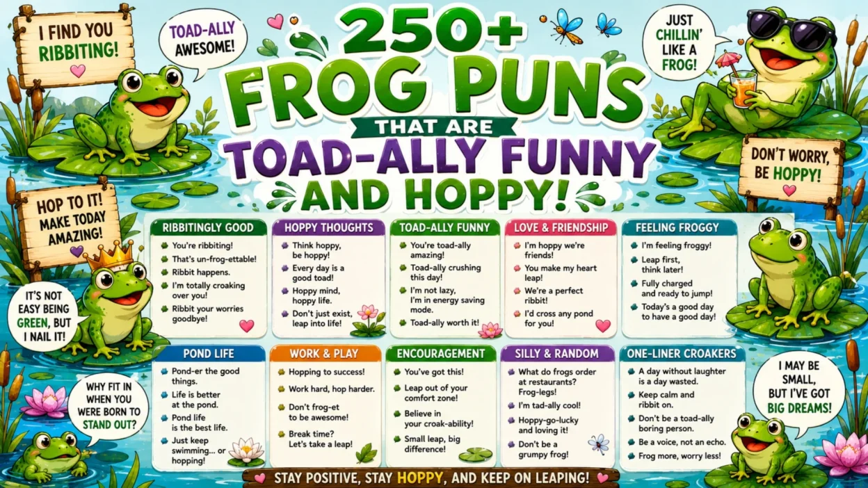 Funny cartoon frog laughing on a lily pad with playful frog puns and bright colorful pond background