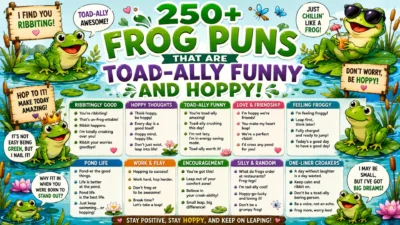 Funny cartoon frog laughing on a lily pad with playful frog puns and bright colorful pond background