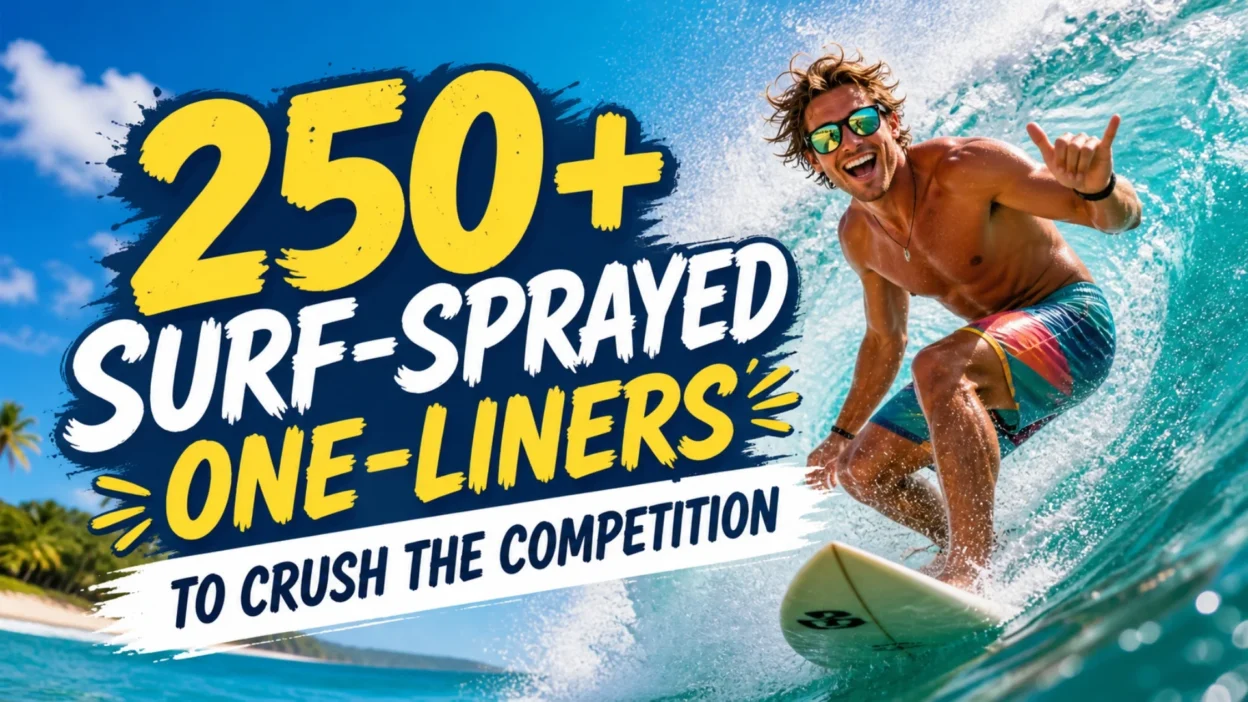 Surfer riding a turquoise wave beside bold text reading 250+ surf-sprayed one-liners to crush the competition