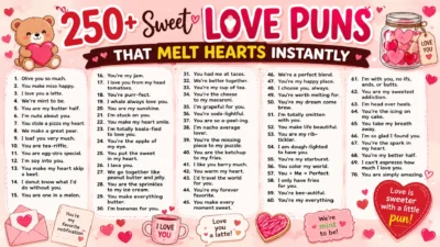 Cute love puns poster with romantic quotes, hearts, Valentine jokes, and sweet relationship captions