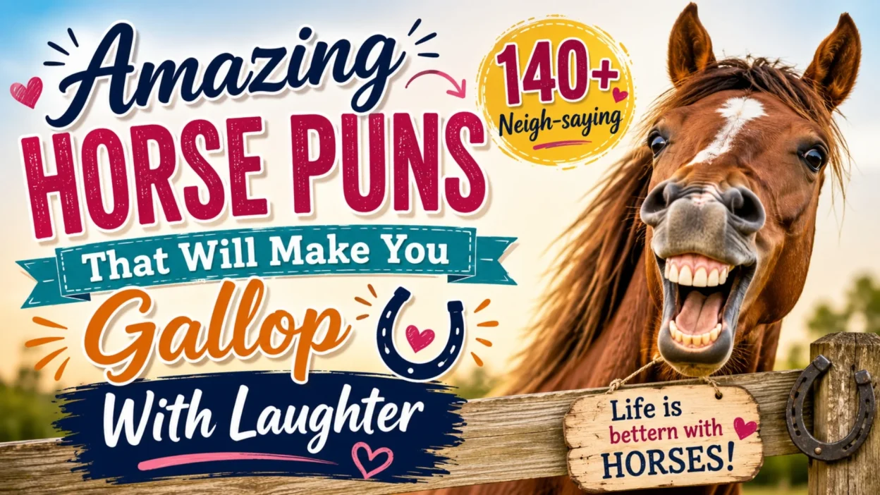 Funny horse puns image with laughing horse, colorful typography, and playful farm humor banner