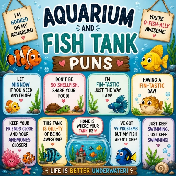 Aquarium and fish tank puns poster with cartoon fish, bubbles, sea plants, and funny underwater joke panels