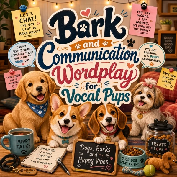 Dog wordplay poster with cute puppies, treat jar, bowls, mug, and bark-themed quotes in a cozy room