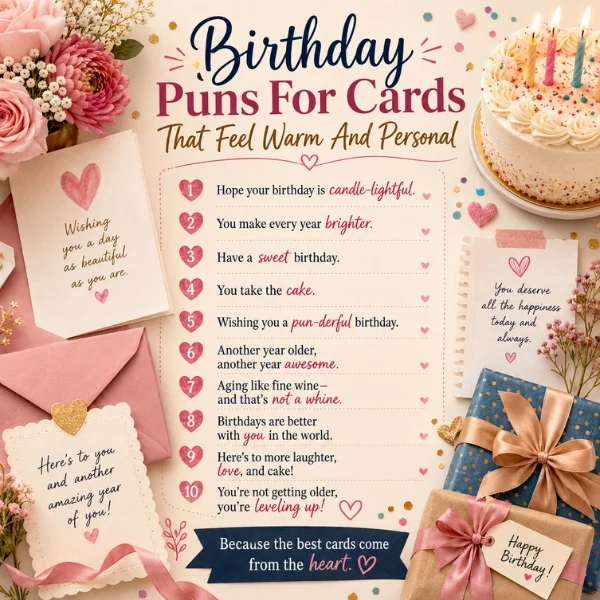 Birthday puns for cards image with cake, flowers, gifts, greeting cards, and warm heartfelt birthday messages