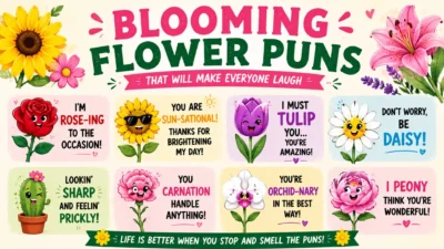 Blooming flower puns poster with colorful cartoon flowers and funny floral jokes for laughter and joy
