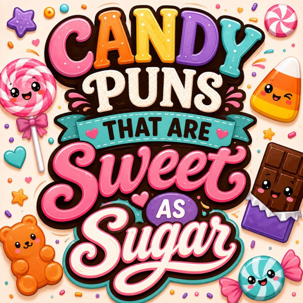 Cute candy puns poster with colorful sweets, lollipop, gummy bear, and playful text saying Sweet as Sugar.