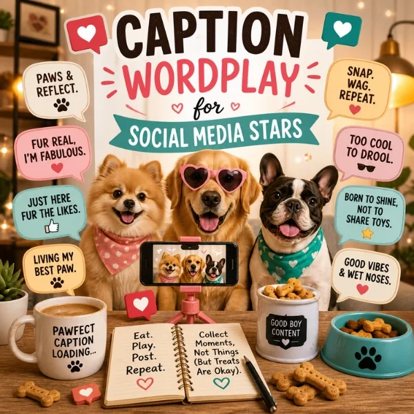 Dog caption wordplay poster with stylish pups, selfie phone, treats, and social media quotes