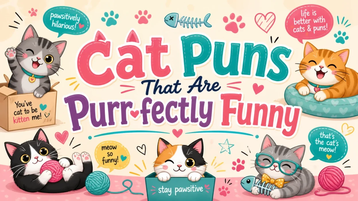 Cat puns image with cute cartoon kittens, yarn balls, paw prints, and playful funny text