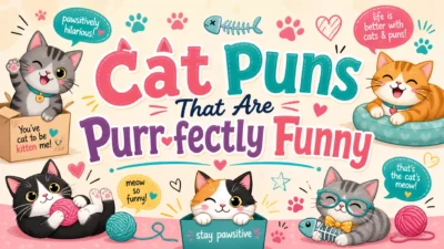 Cat puns image with cute cartoon kittens, yarn balls, paw prints, and playful funny text