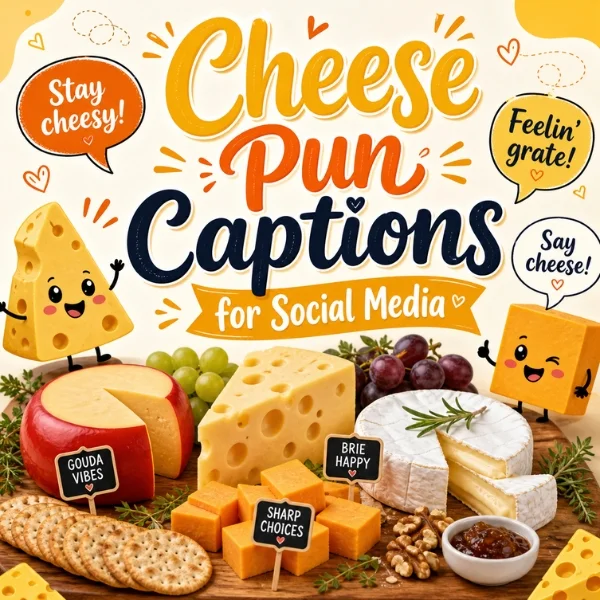 Cheese pun captions for social media with cartoon cheese, crackers, grapes, and playful food humor design