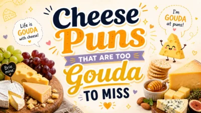 Cheese puns image with Gouda, Brie, crackers, grapes, and playful text for a funny food-themed design