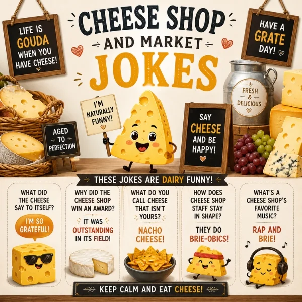 Cheese shop and market jokes poster with cartoon cheese, chalkboard signs, grapes, and dairy puns
