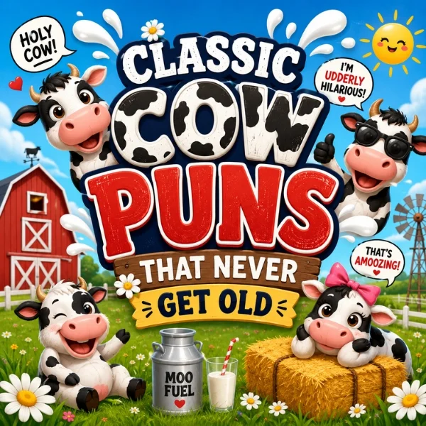 Classic cow puns poster with cute cartoon cows, barn, daisies, milk can, and playful farm humor