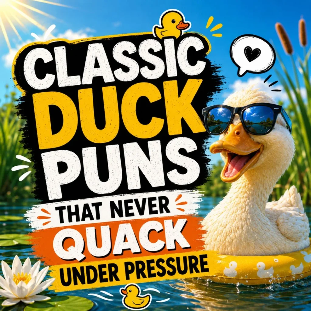 Classic duck puns poster with a cheerful duck in sunglasses and bold playful text by a sunny pond