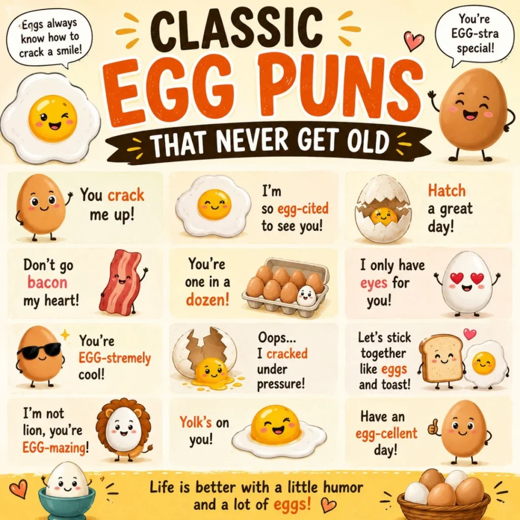 Classic egg puns graphic with funny eggs, playful breakfast jokes, and timeless egg humor that never gets old.