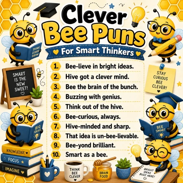Clever bee puns for smart thinkers poster with cute bees, books, glasses, and funny brainy wordplay