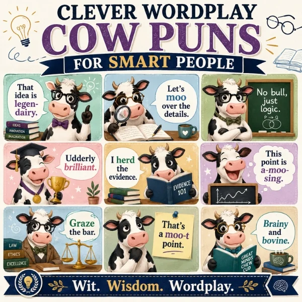 Classroom-style poster of clever cow puns with cartoon cows, books, glasses, and witty wordplay for smart people