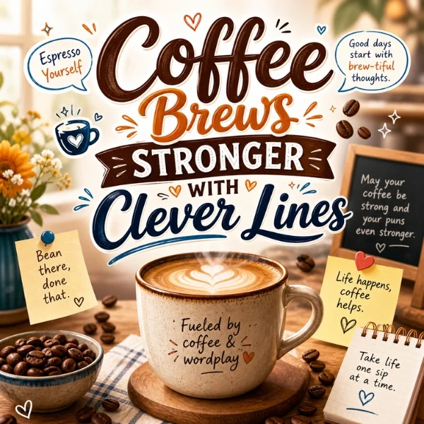 Coffee puns poster with latte mug, coffee beans, cozy notes, and clever lines in a warm cafe-style setting