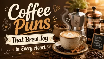 Coffee puns image with latte art, coffee beans, French press, moka pot, and cozy café-style text