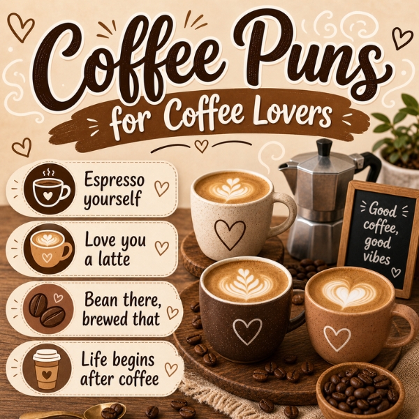 Coffee puns for coffee lovers with latte art mugs, moka pot, coffee beans, and a cozy café-style design