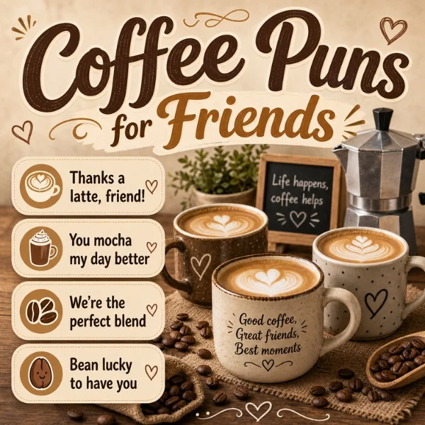 Coffee puns for friends image with latte cups, coffee beans, moka pot, and cozy friendship captions