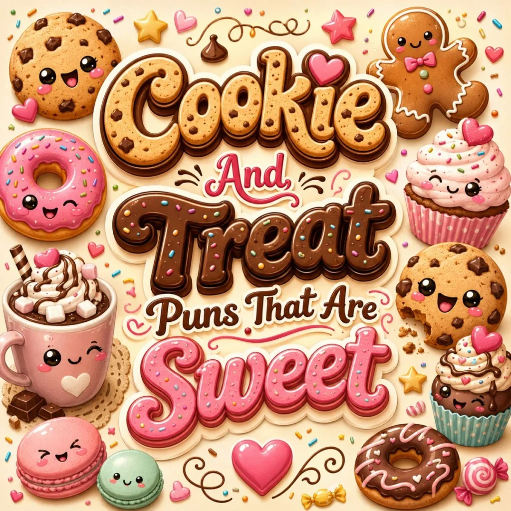 Cute cookie and treat puns poster with smiling cookies, cupcakes, donuts, cocoa, and sweet dessert lettering.
