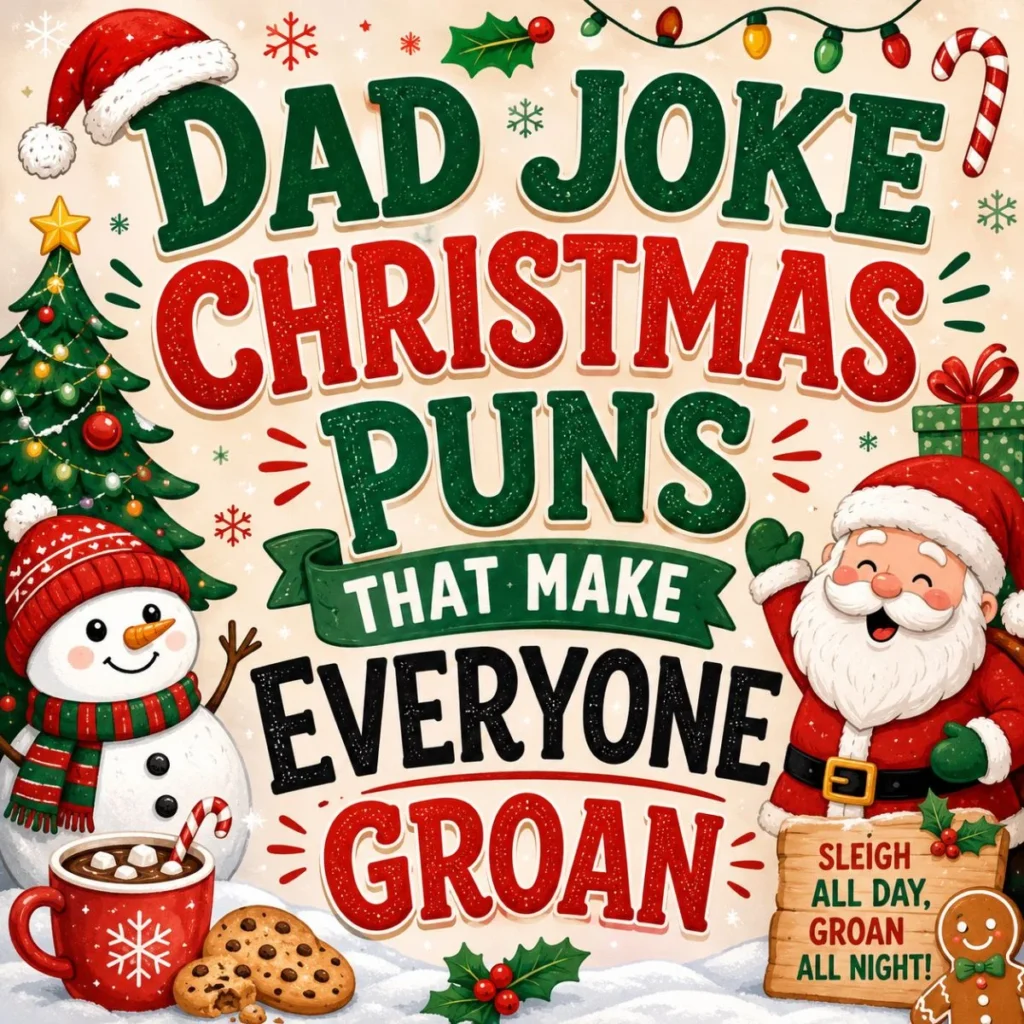 Festive dad joke Christmas puns poster with Santa, snowman, cookies, cocoa, and playful holiday lettering.